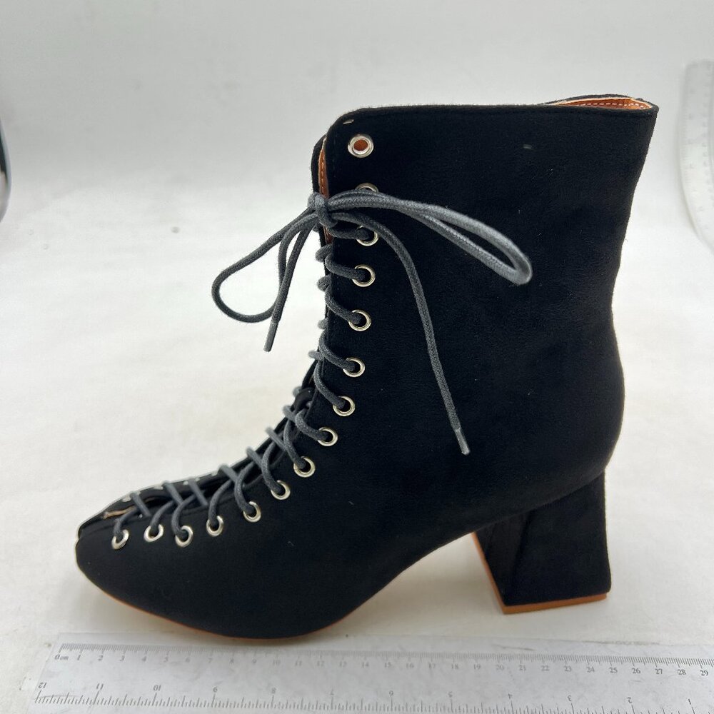 Women's Square Toe High Chunky Block Heeled Ankle Boots Suede Lace-up Black Shoe